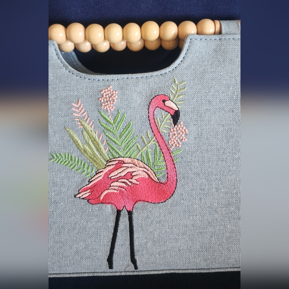 Embroidered Flamingo Handbag - Blue - Picture 2 of 7